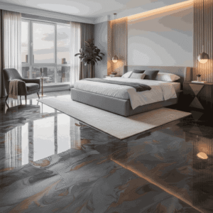 Elegant bedroom interior featuring seamless epoxy resin flooring.