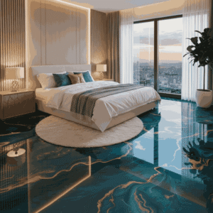 Contemporary bedroom design featuring a glossy epoxy resin floor.