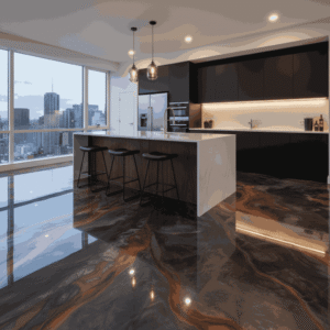 Kitchen space with smooth epoxy flooring