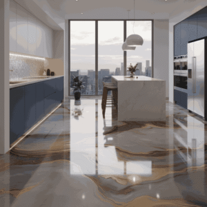 Modern kitchen with glossy epoxy flooring