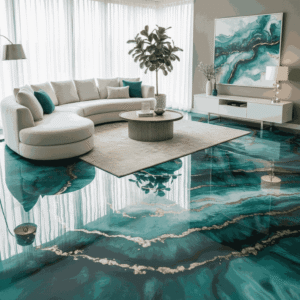 Living room with polished epoxy flooring