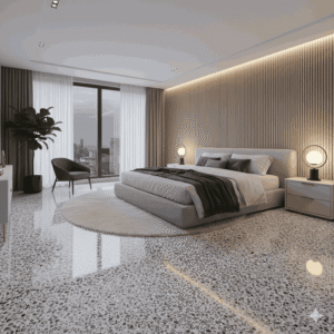 Cozy modern bedroom interior with glossy epoxy resin floor.