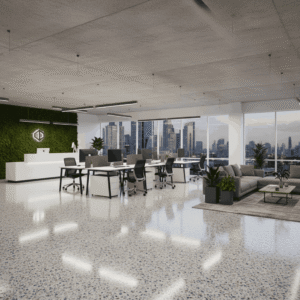 Office interior with glossy epoxy flooring