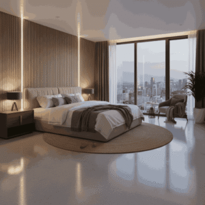 Warm and inviting bedroom interior featuring elegant epoxy resin flooring.