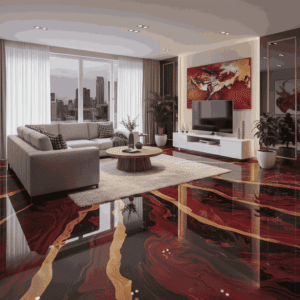 Living room with seamless epoxy flooring