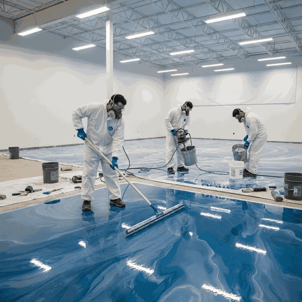 Team applying epoxy resin flooring
