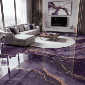 Living room with glossy epoxy flooring