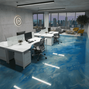 Modern office with glossy blue epoxy resin flooring