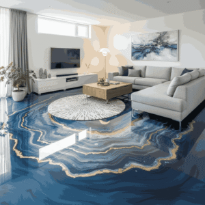 Living room with epoxy resin flooring